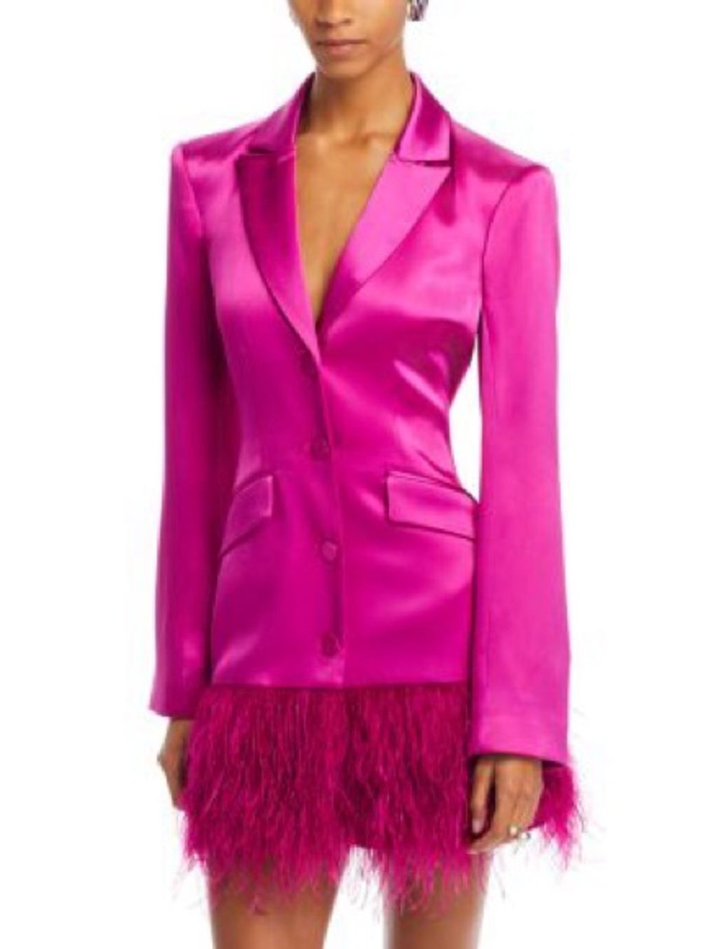 cinq a sept Hot Pink Satin Blazer Dress with Feather Hem